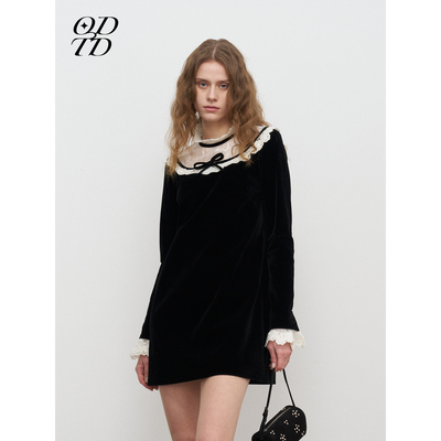 【设计师女装】ODTD25秋季新款平绒A字通勤修身长袖蕾丝连衣裙女