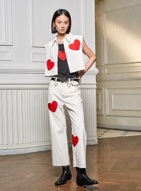 【清货折白背心S】LOST GENERAL 爱心牛仔马上衣甲牛仔裤白色翻领