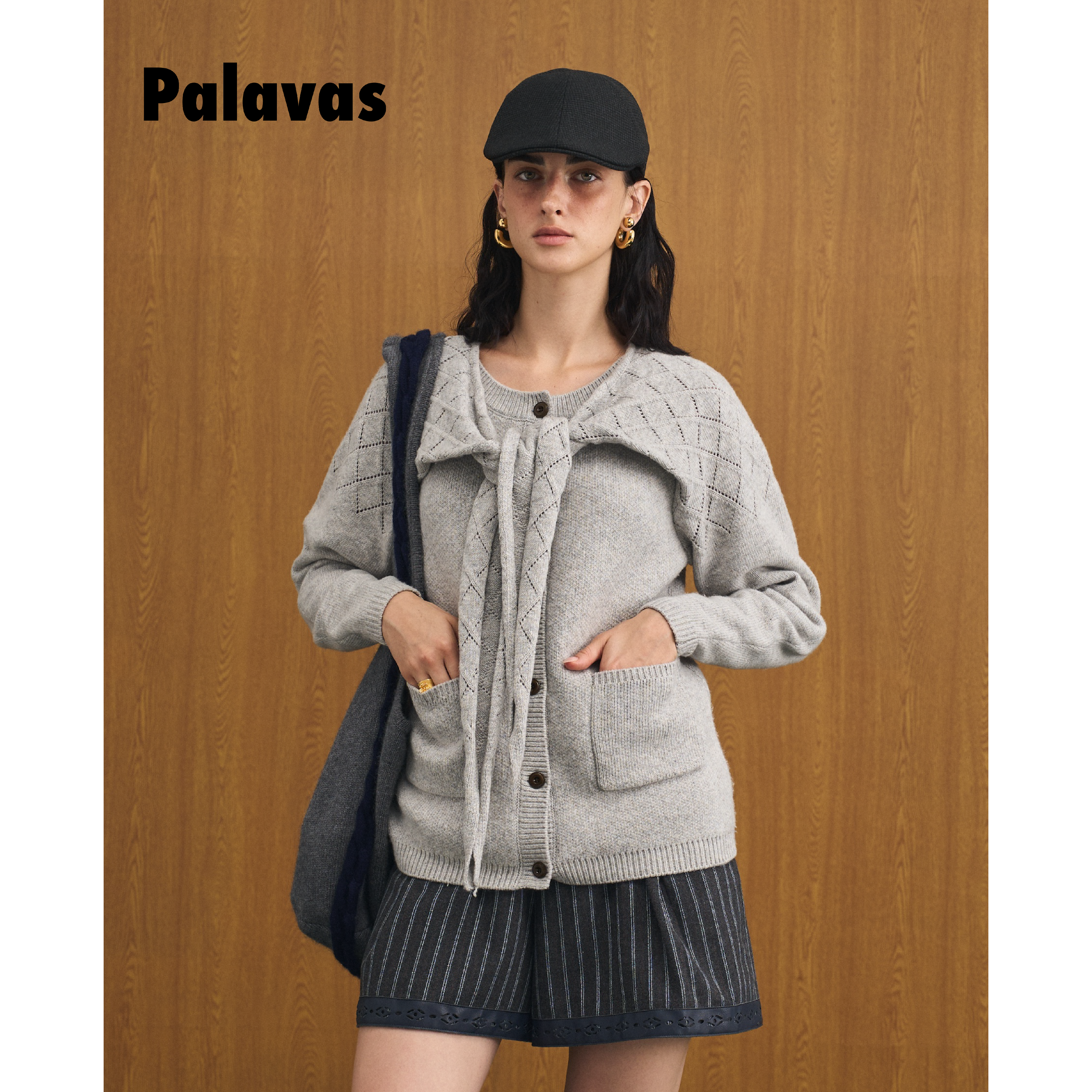 【新品】PALAVAS夜幕沙龙针织外套复古绞花开衫围巾款毛衣女原创