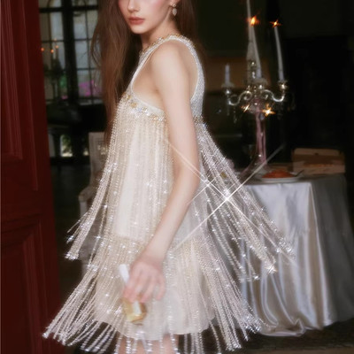 Wardrobes by chen流光星璇重工流苏礼服钻链挂脖连衣裙2025秋新