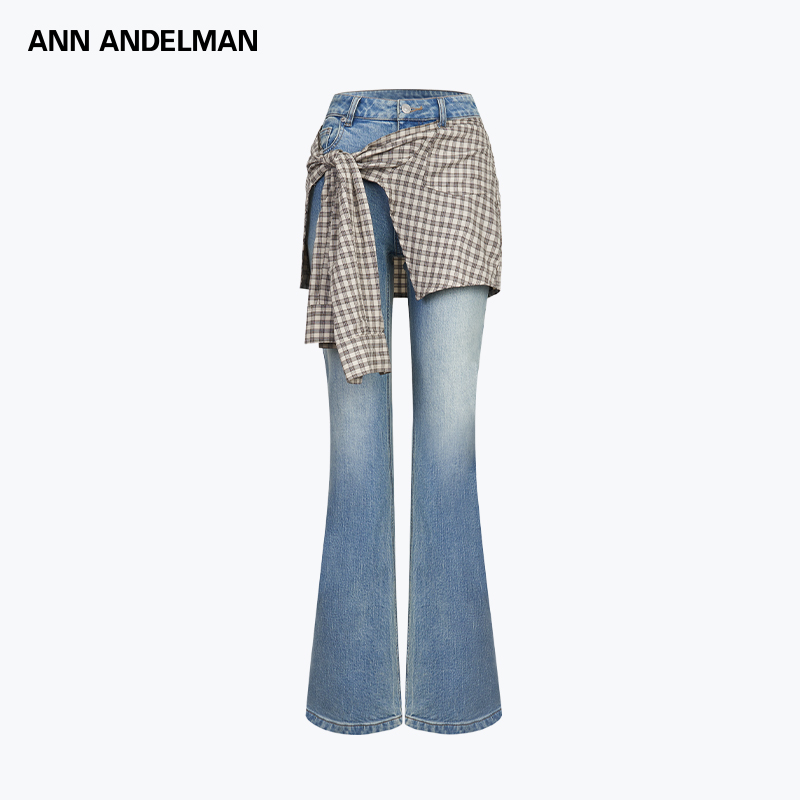 ANN ANDELMAN2025秋季新款格子衬衫绑带两件式微喇牛仔裤