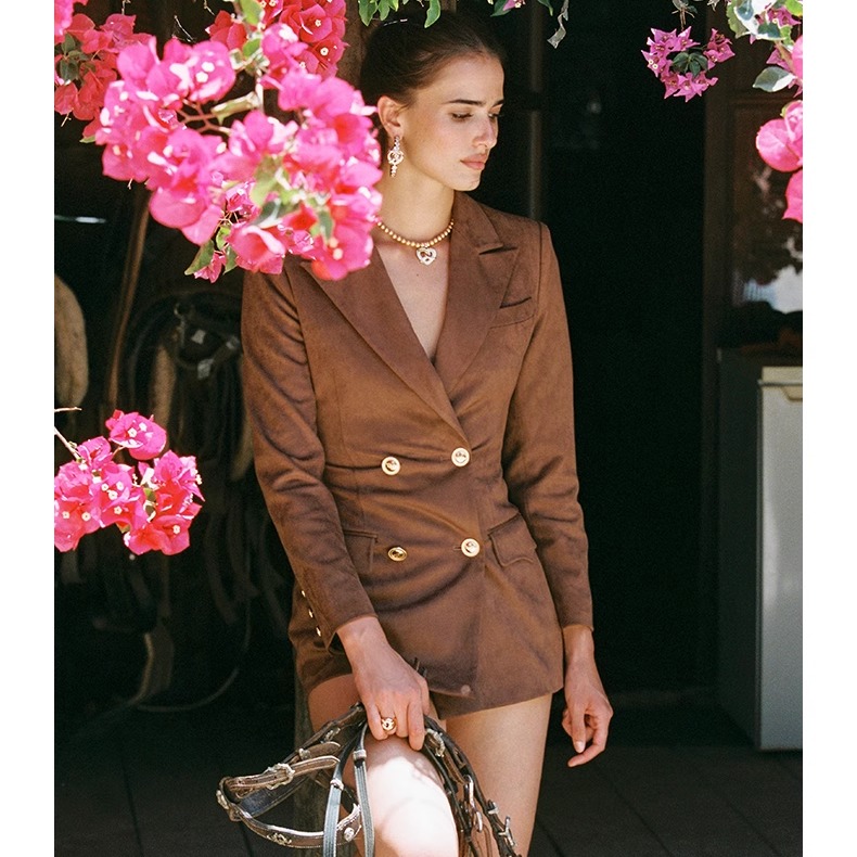 Nana Jacqueline 25AW 麂皮双排扣套装女高级感复古金扣咖色外套