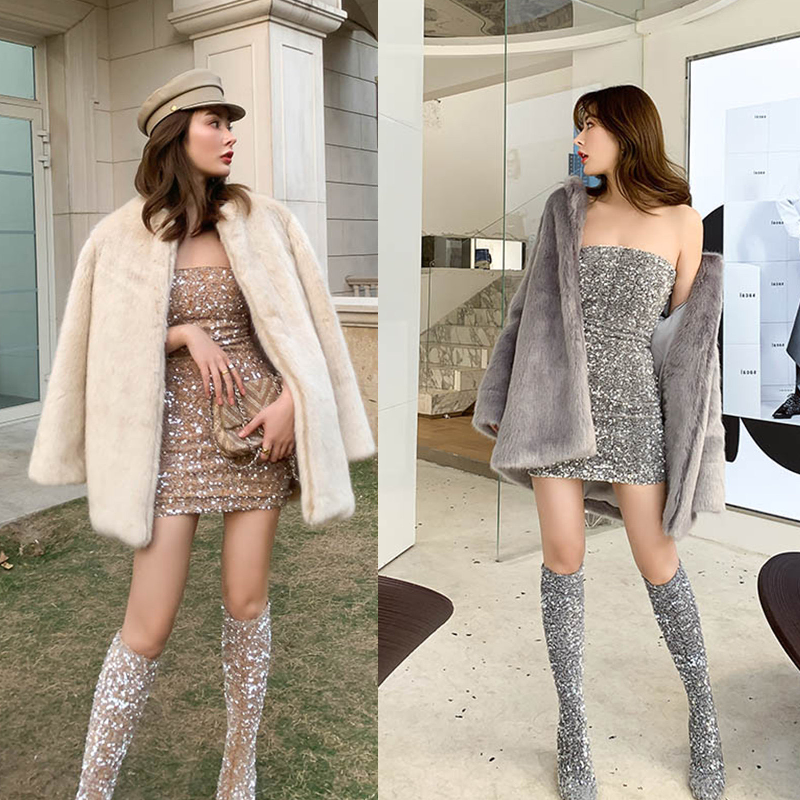 Le Madeleine 人造环保貂狐皮草外套 亮片丝绒弹力抹胸裙品牌,女装/女士精品,时尚套装,淘宝优惠券,粉丝福利购,淘宝优惠卷