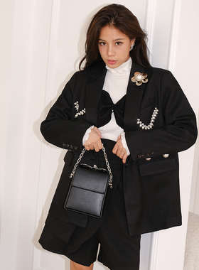【清货折SM】 4MILE AW元气学院风经典黑色珍珠链条西装西服外套