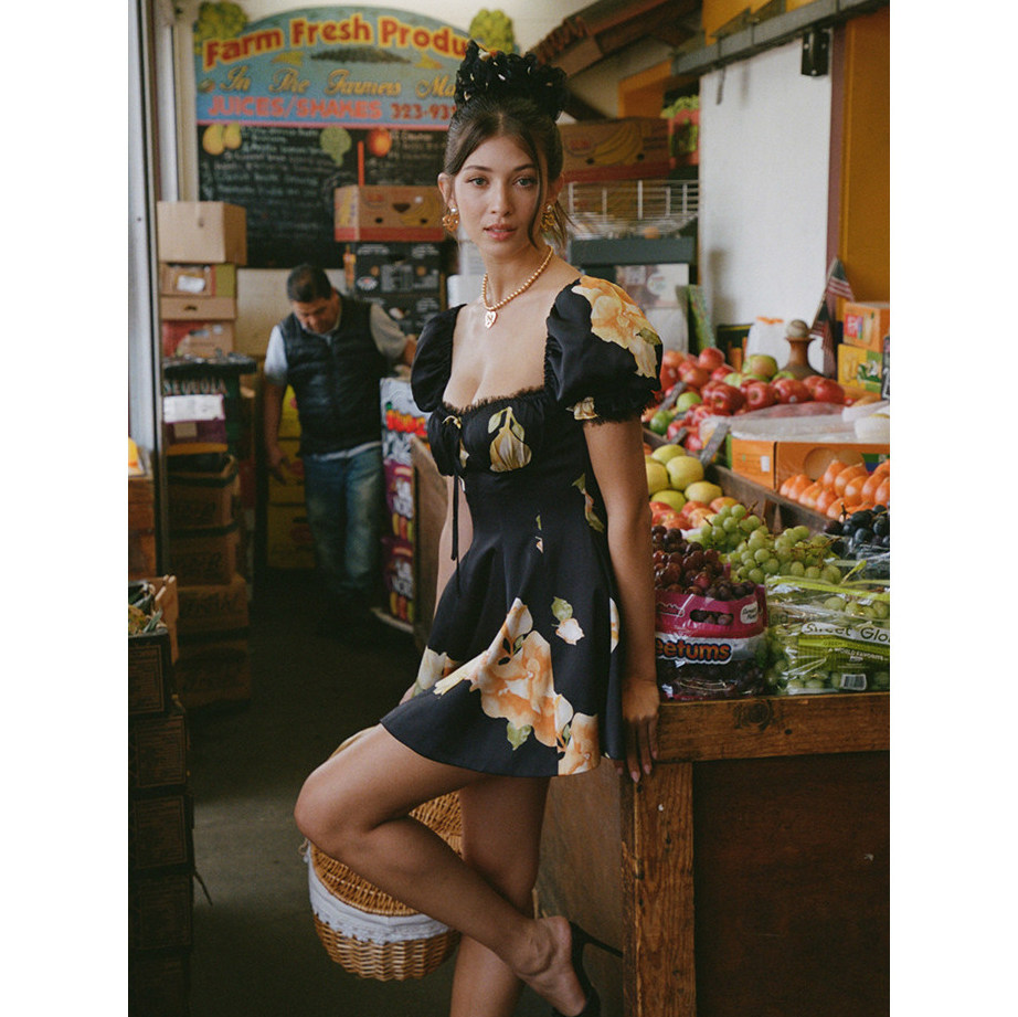 Nana Jacqueline 印花泡泡袖伞状连衣裙夏新款度假复古高级感短裙