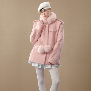 焦糖棕粉色圈圈狐狸毛领肩章大衣 25AW GUO JINGYI