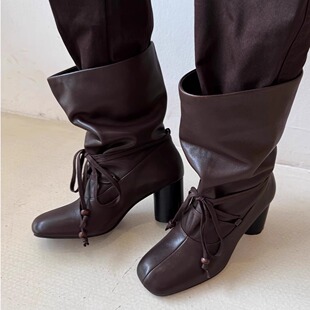 unfolio2025早秋新款经典复古束带粗跟短靴系带靴子女