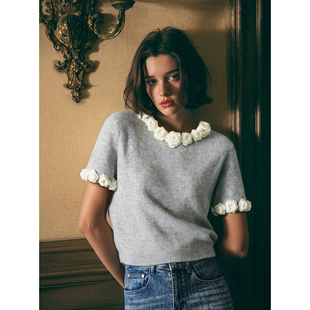 WITH 25AW Sabine针织百搭花朵短袖 上衣 HER