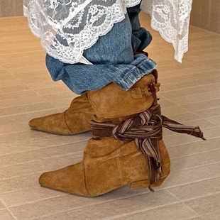 HALFAWAKE25秋冬新款翻折褶皱小方头丝带复古真皮民族风堆堆短靴