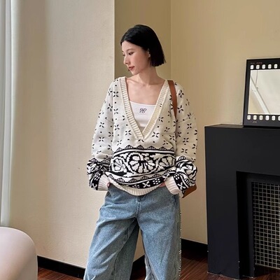 【设计师女装】ODTD25秋季新款复古费尔岛羊毛V领套头落肩袖毛衣