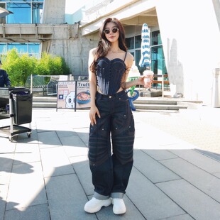 lisa同款 现货 Markgong原色牛仔鱼骨抹胸原色藏蓝阔腿香蕉牛仔裤