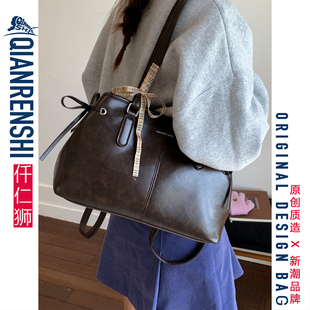 托特包女大学生上课大容量一包三用棕色秋冬复古斜挎包装书单肩包