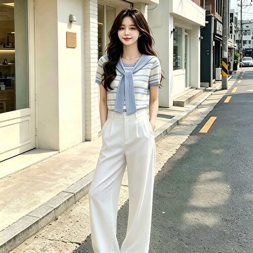 韩系chic蓝条纹修身短袖T恤女