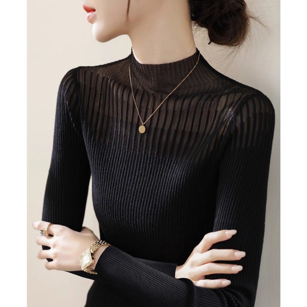 秋冬新款网纱蕾丝羊毛半高领修身长袖针织打底衫女高级感内搭毛衣,女装/女士精品,毛针织衫,淘宝优惠券,粉丝福利购,淘宝优惠卷