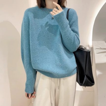 秋冬季新款复古加厚圆领浣熊绒软糯毛衣女内搭打底针织衫外穿上衣