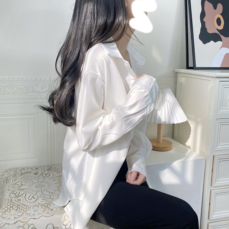 韩版甜美宽松防晒冰丝长袖衬衫女夏季新款垂感缎面薄款显瘦上衣潮