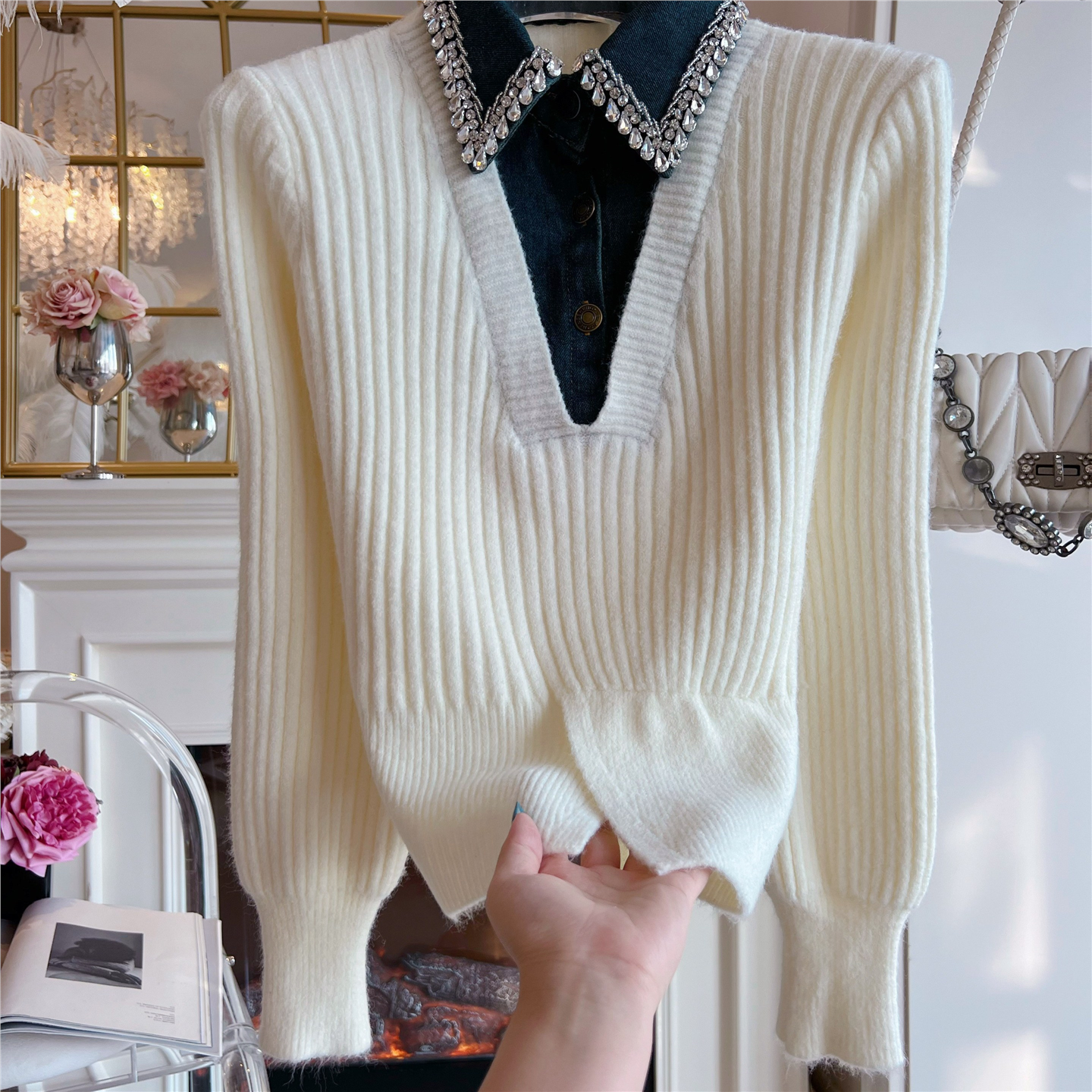 polo领镶钻拼接牛仔针织衫女毛衣