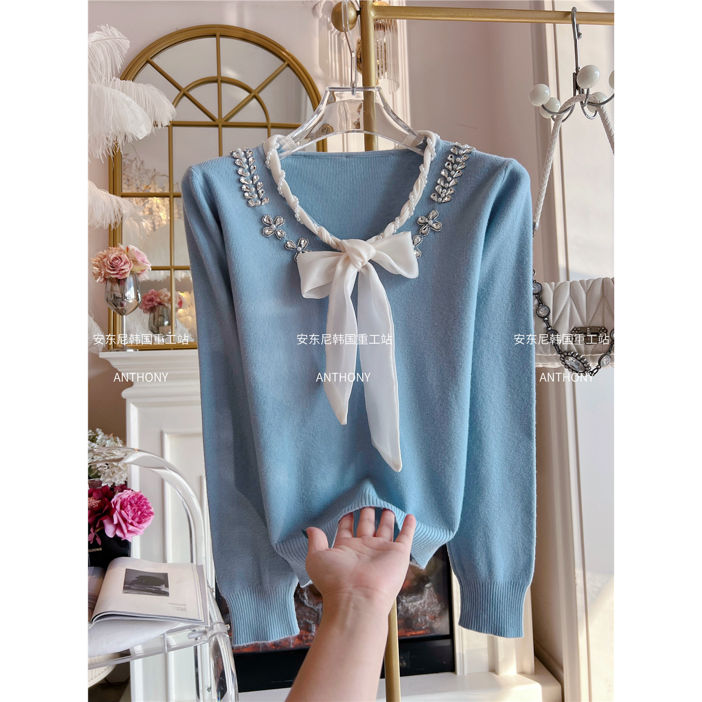 重工镶钻蝴蝶结系带针织衫女打底
