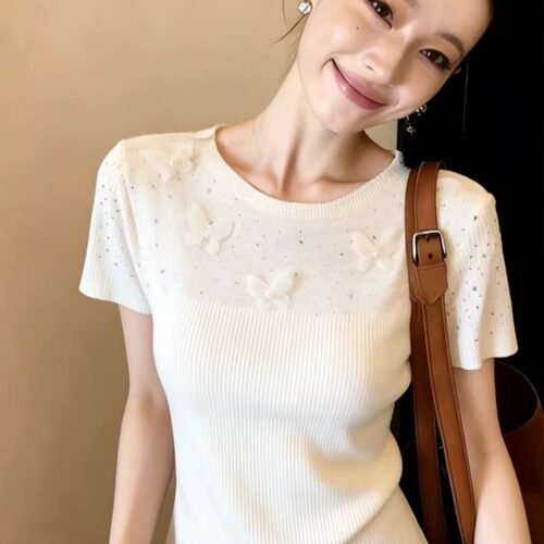 夏季温柔风蝴蝶结钉珠针织T恤