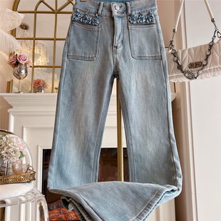 加绒加厚牛仔裤女装巨好看秋冬新款重工镶钻气质高腰显瘦微喇叭裤