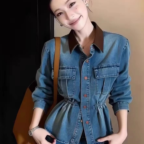 春季欧货收腰牛仔衬衫外套