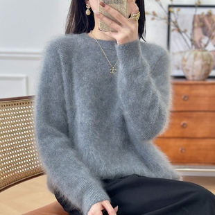 皇室拉绒灰色羊绒衫女100纯山羊绒毛衣高端秋冬长毛拉毛针织上衣