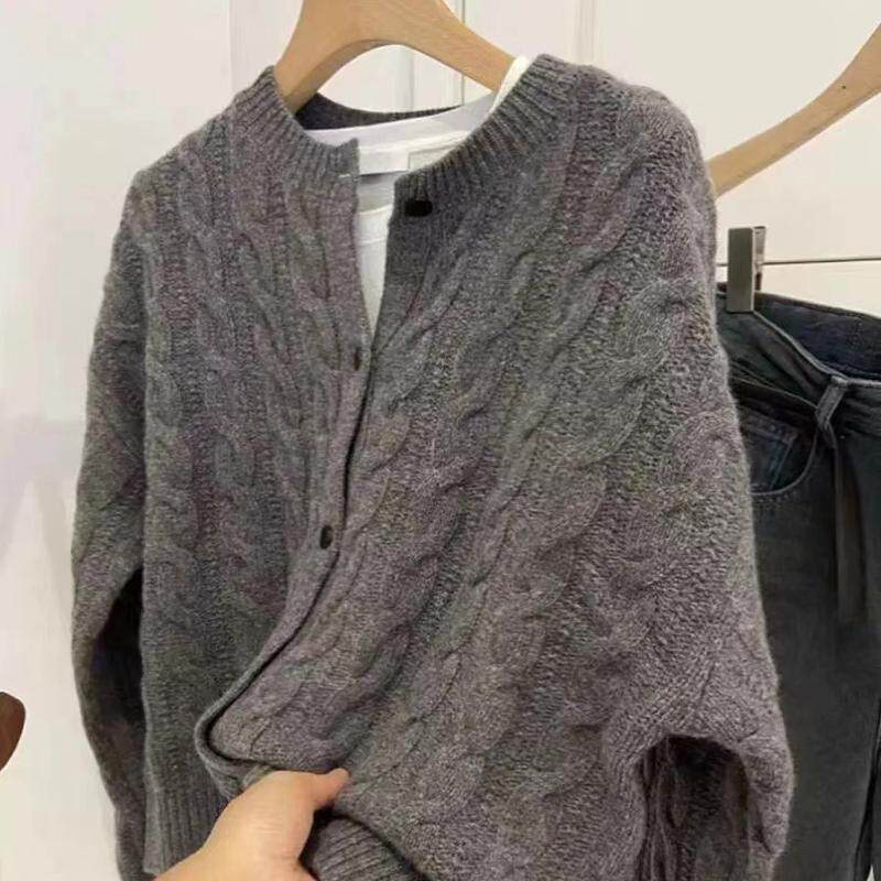 秋季圆领复古麻花100纯羊毛长袖纯色开衫女宽松慵懒羊毛针织外套