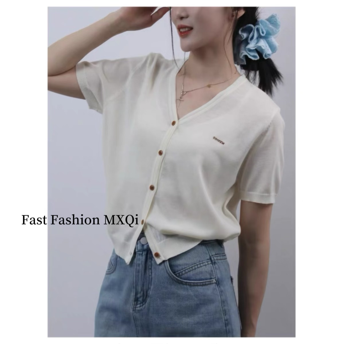 夏季韩版短袖V领白色针织开衫女毛衣通勤气质百搭小个子针织上衣