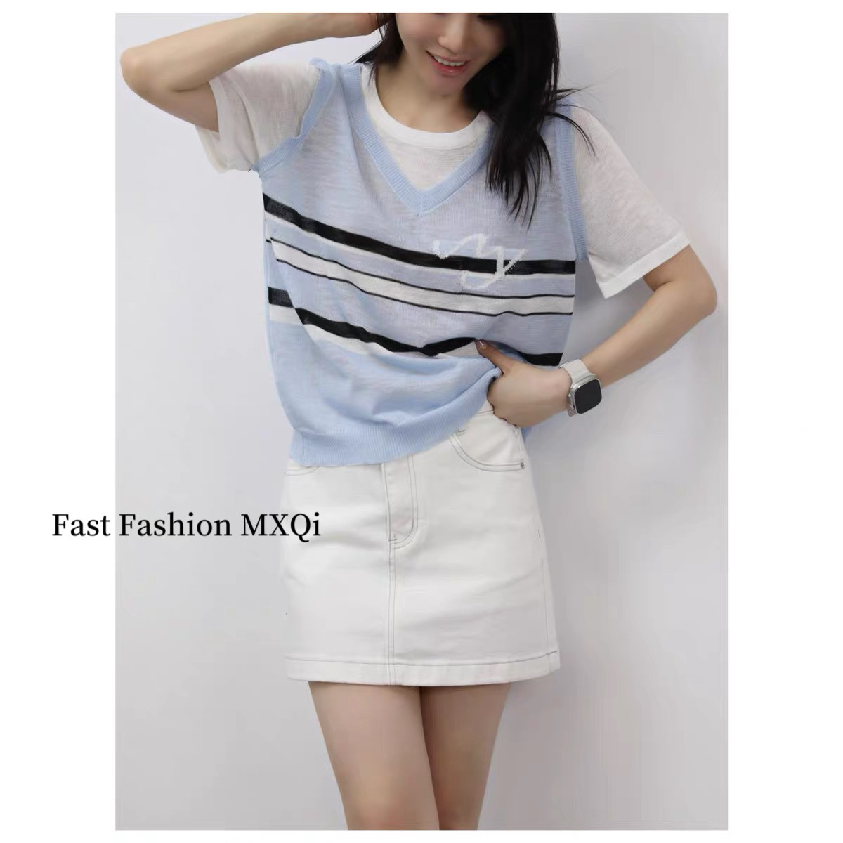 夏季韩版时尚短袖条纹针织衫女通勤显瘦气质百搭小个子针织上衣