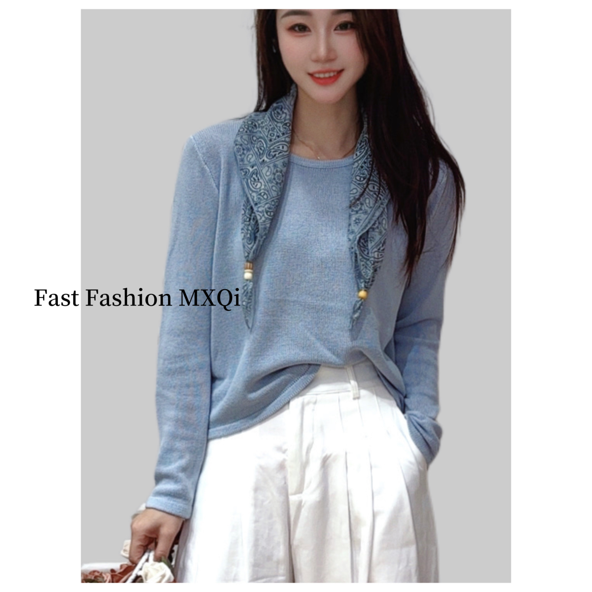 法式洋气丝巾针织衫女毛衣2026早春新款修身显瘦圆领长袖针织上衣