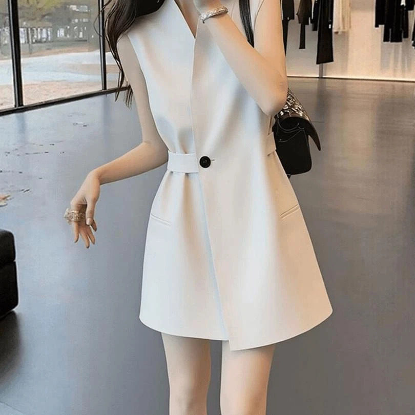 白色无袖西装连衣裙女夏收腰显瘦小个子气质V领马甲裙通勤短裙