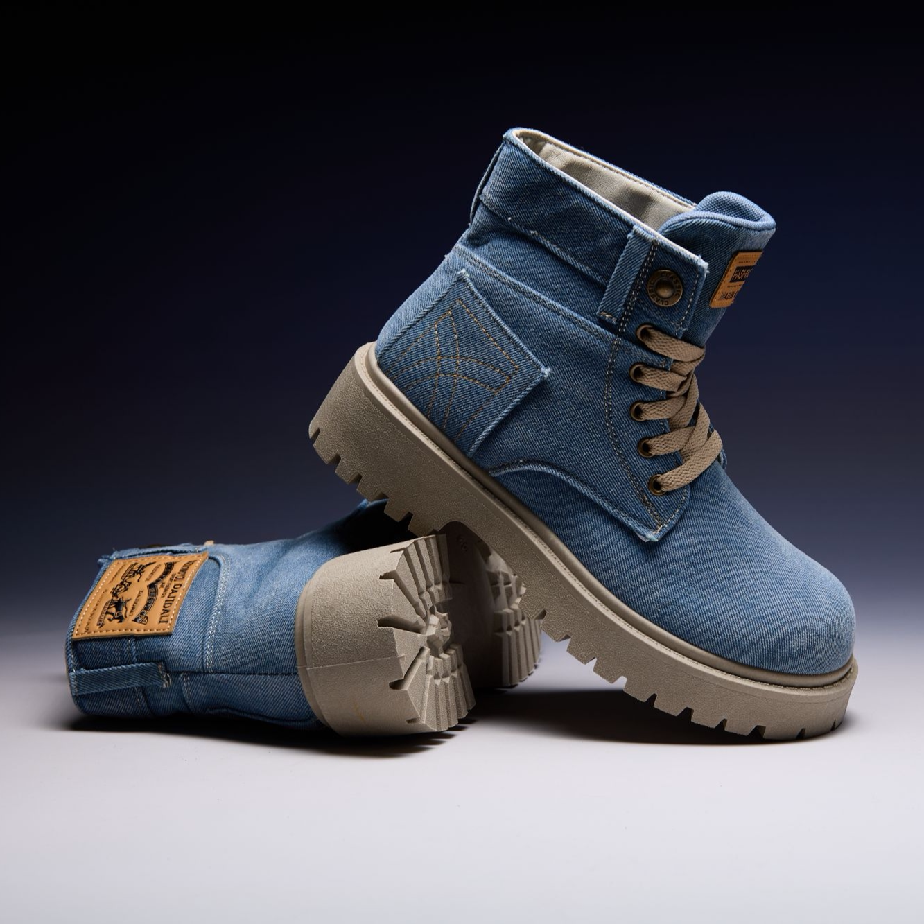 美式街拍牛仔布马丁靴男厚底高帮靴复古工装靴潮流帆布短靴潮鞋