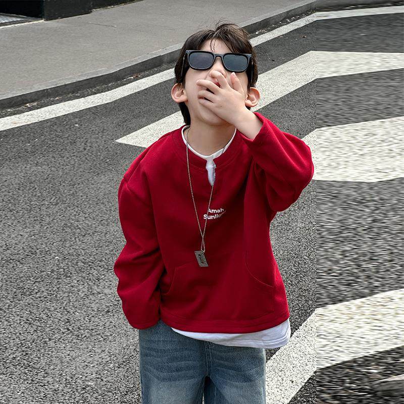 男童卫衣春秋装2025新款字母假两件红色男孩时髦超帅长袖上衣外穿