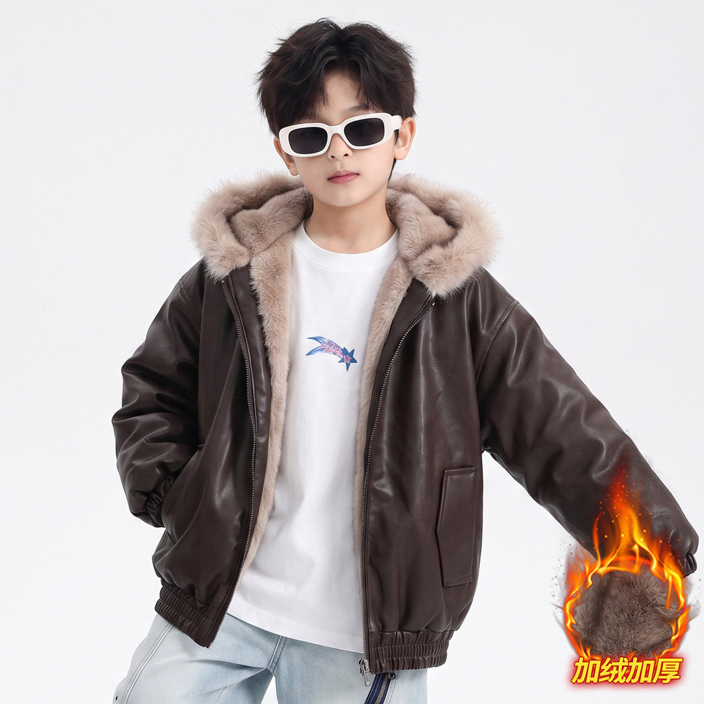 美式复古皮毛一体男童皮夹克