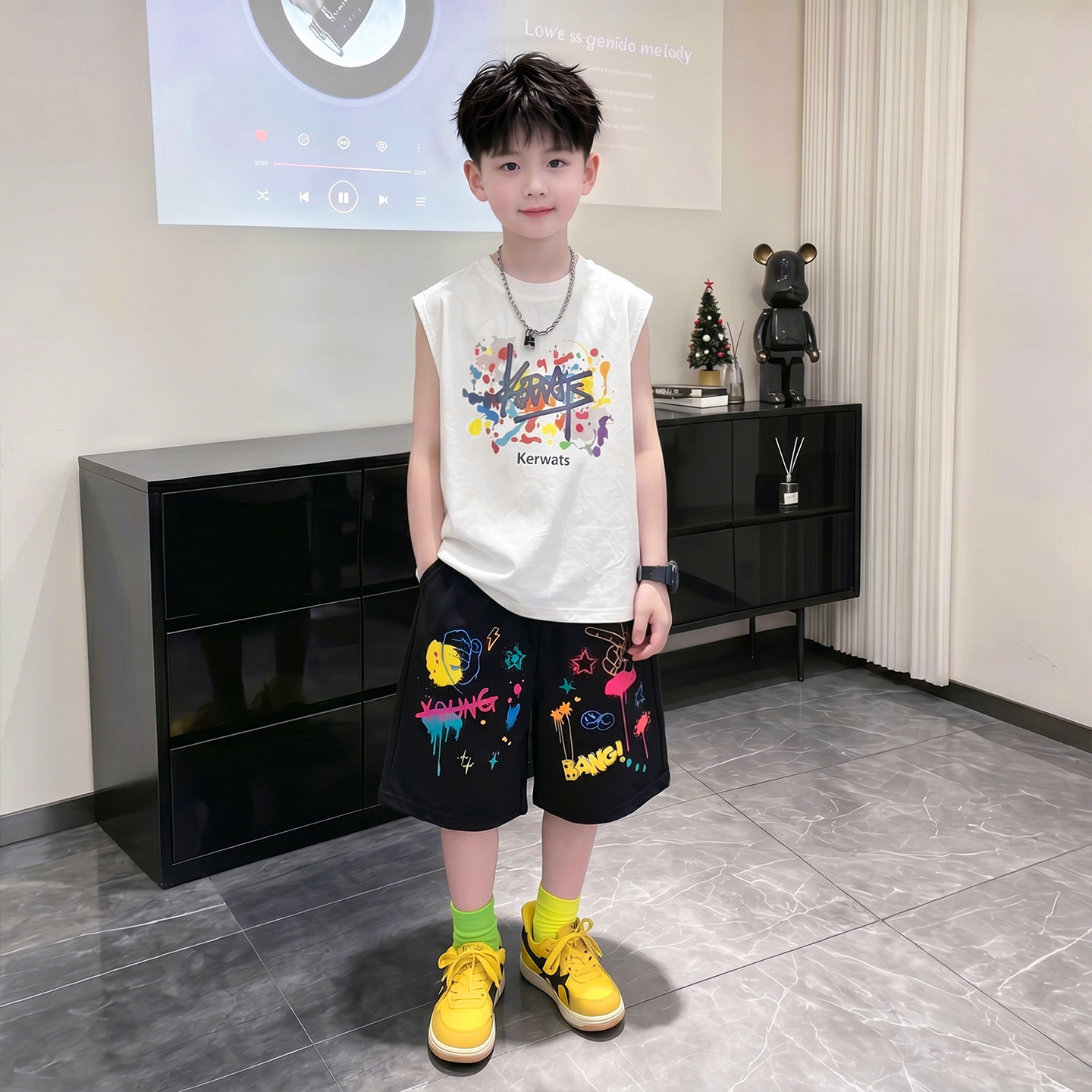 男童夏季涂鸦背心透气两件套