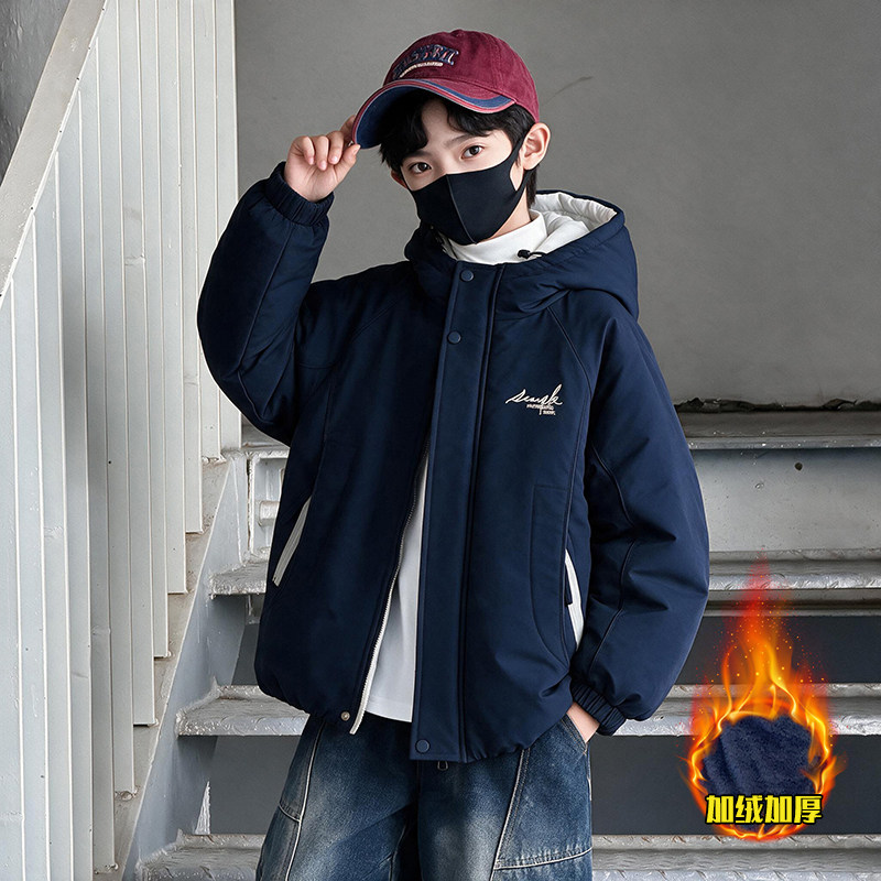男童秋冬连帽加绒加厚防风棉服