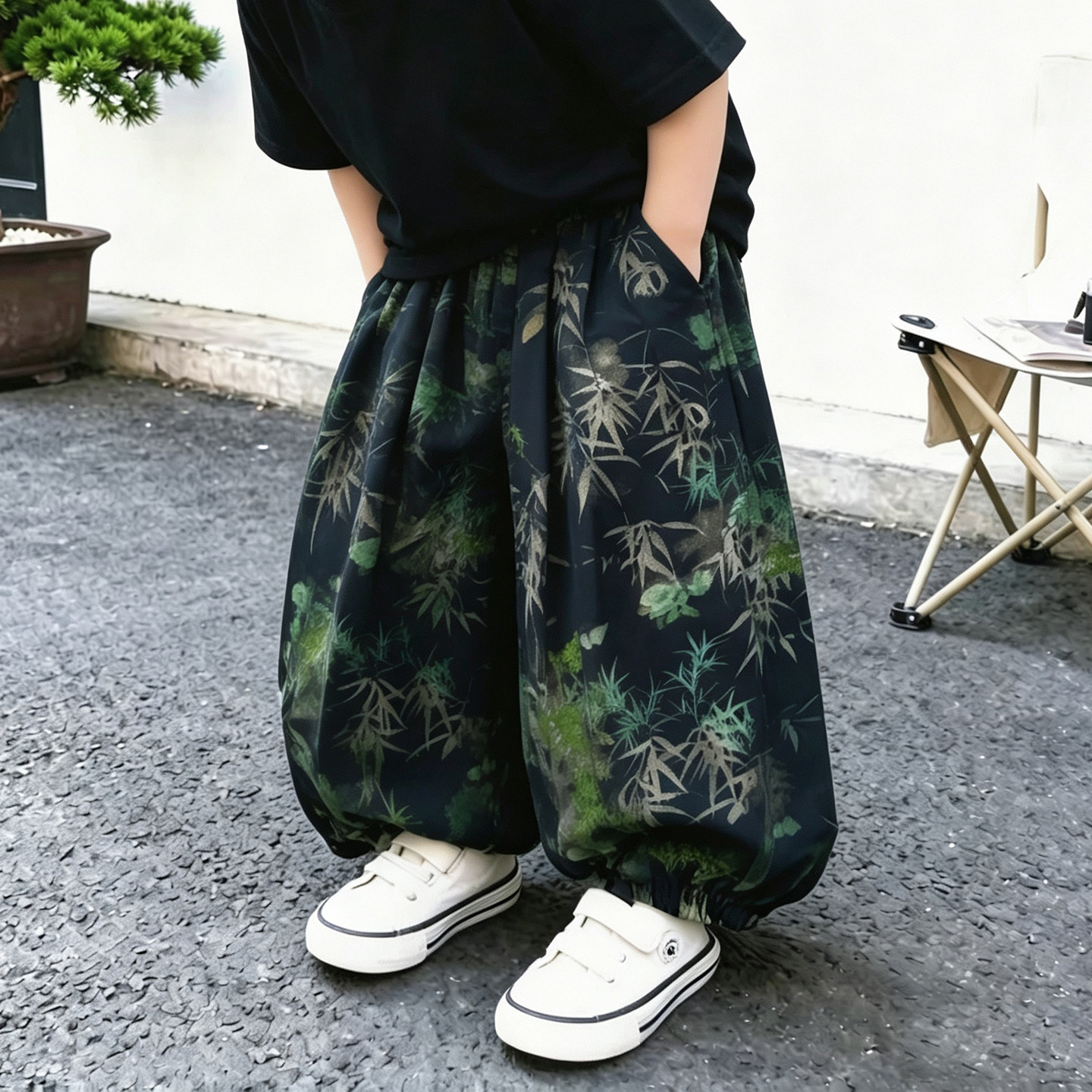 男童新中式竹叶印花防蚊阔腿裤