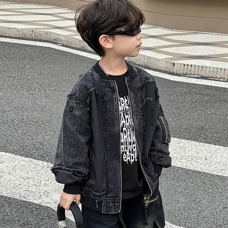 男童外套2025新款春秋牛仔拼接外套男孩韩版圆领炸街磨毛口袋夹克