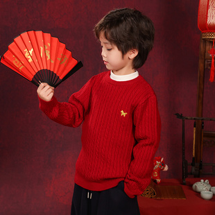 男孩毛衣小马红色圆领麻花纹针织衫男童长袖毛衣宝宝加厚秋冬装