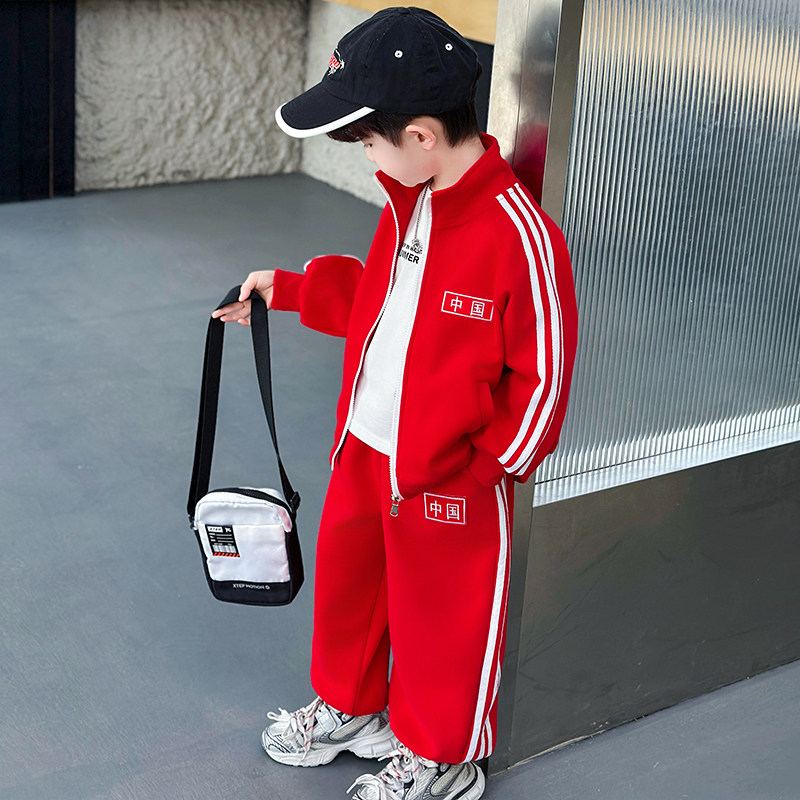 2026男童中国红色运动套装春秋款拉条外套裤子两件套爱国时髦潮