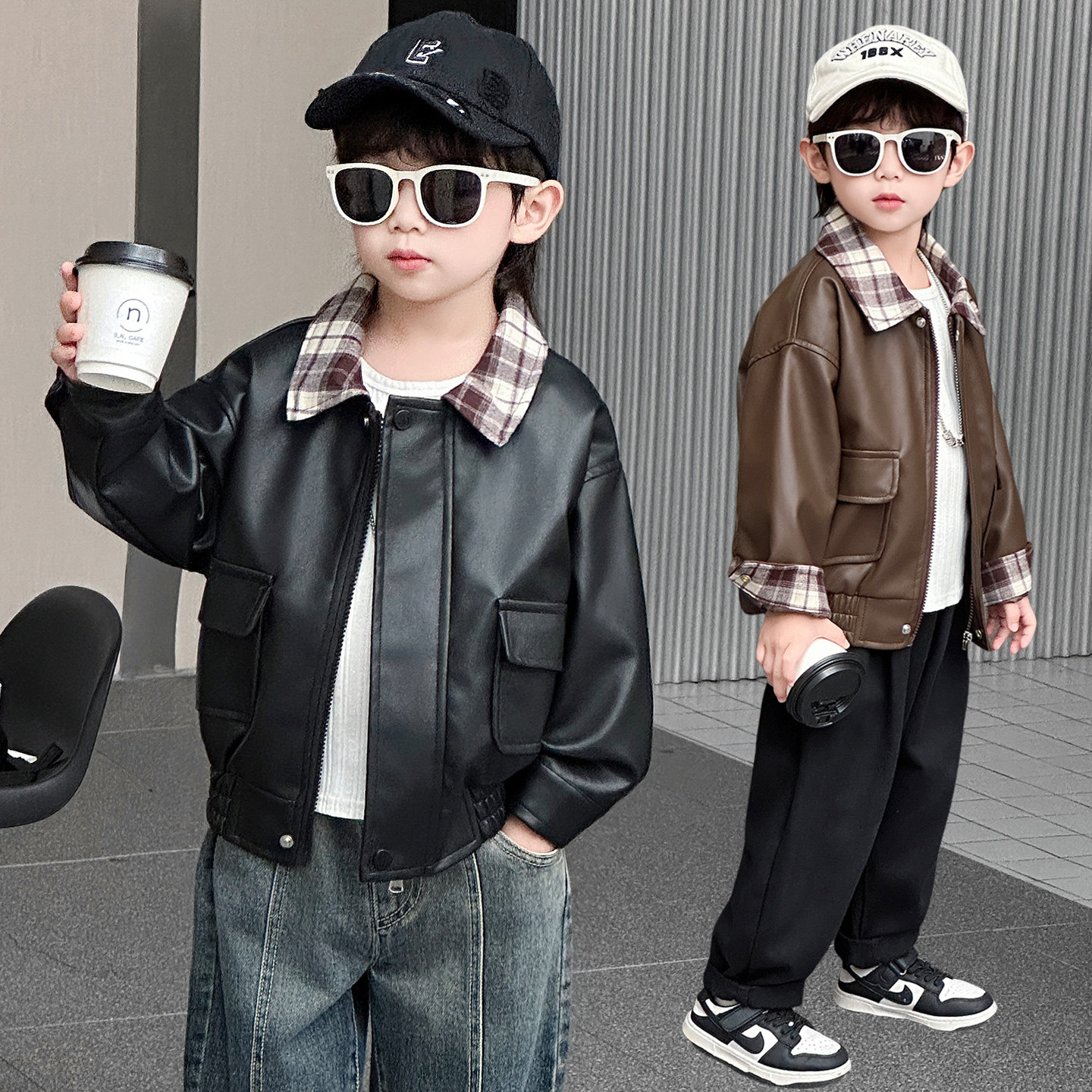 2026男童机车风翻领皮衣外套春秋格子拼接拉链夹克帅气百搭