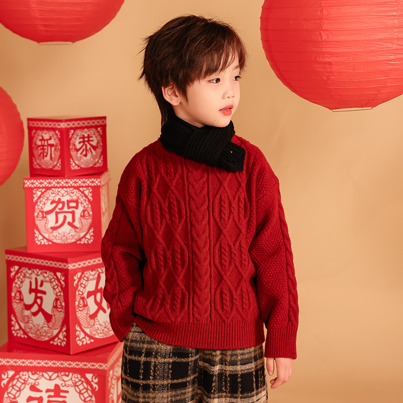 新年红色麻花毛衣男童加厚保暖