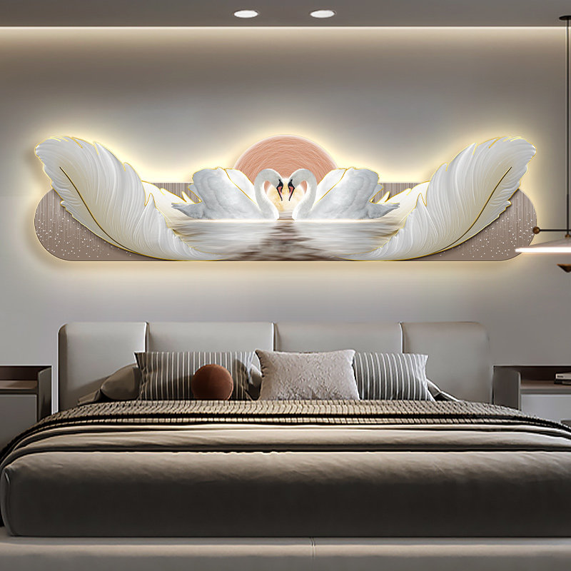现代轻奢床头装饰画卧室挂画温馨天鹅led灯画主卧房间高级感壁画