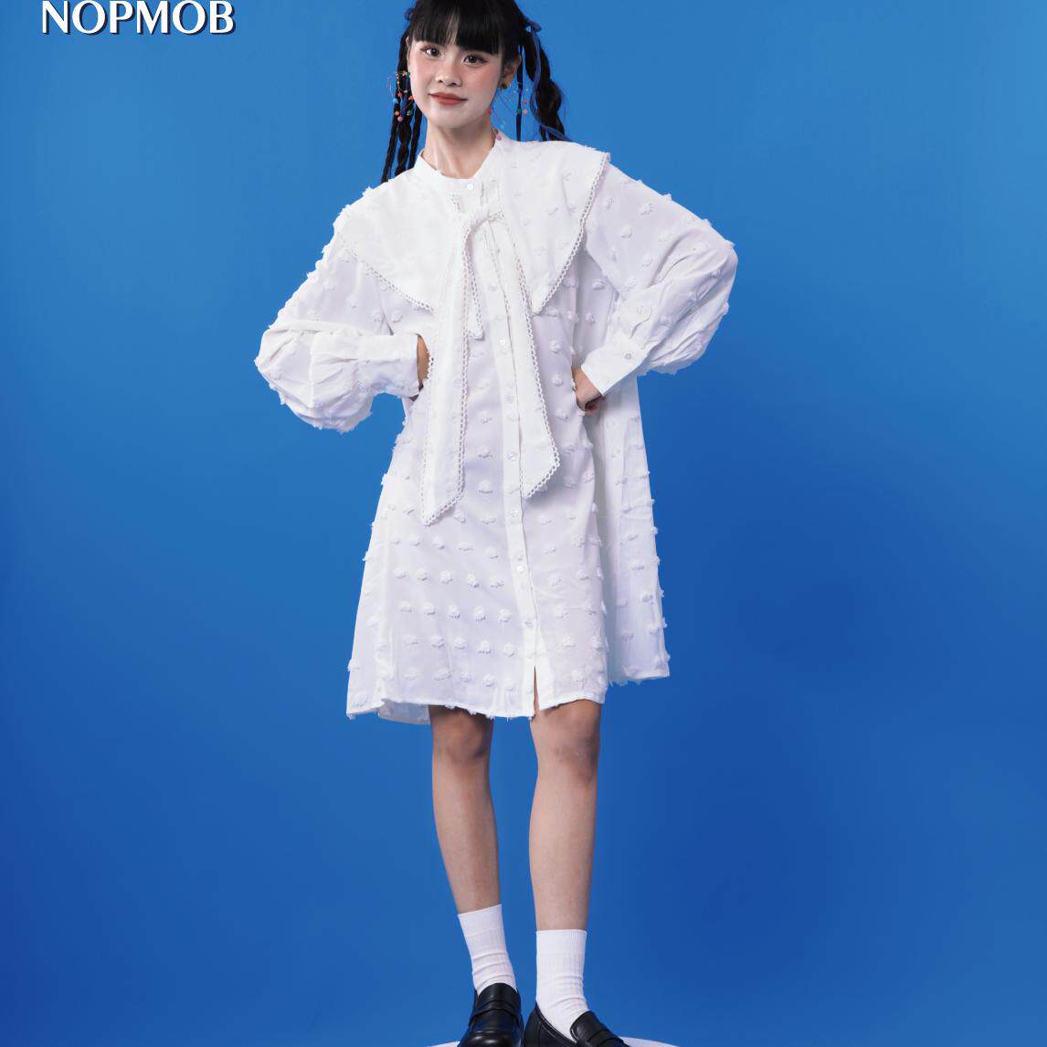 NOPMOB 奶油小墩 领带蝴蝶结娃娃领白色小个子宽松长袖衬衫连衣裙