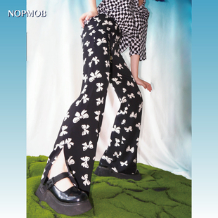 新款 复古蝴蝶结原创小众高腰显瘦高开衩喇叭裤 女 暗黑萝莉 NOPMOB
