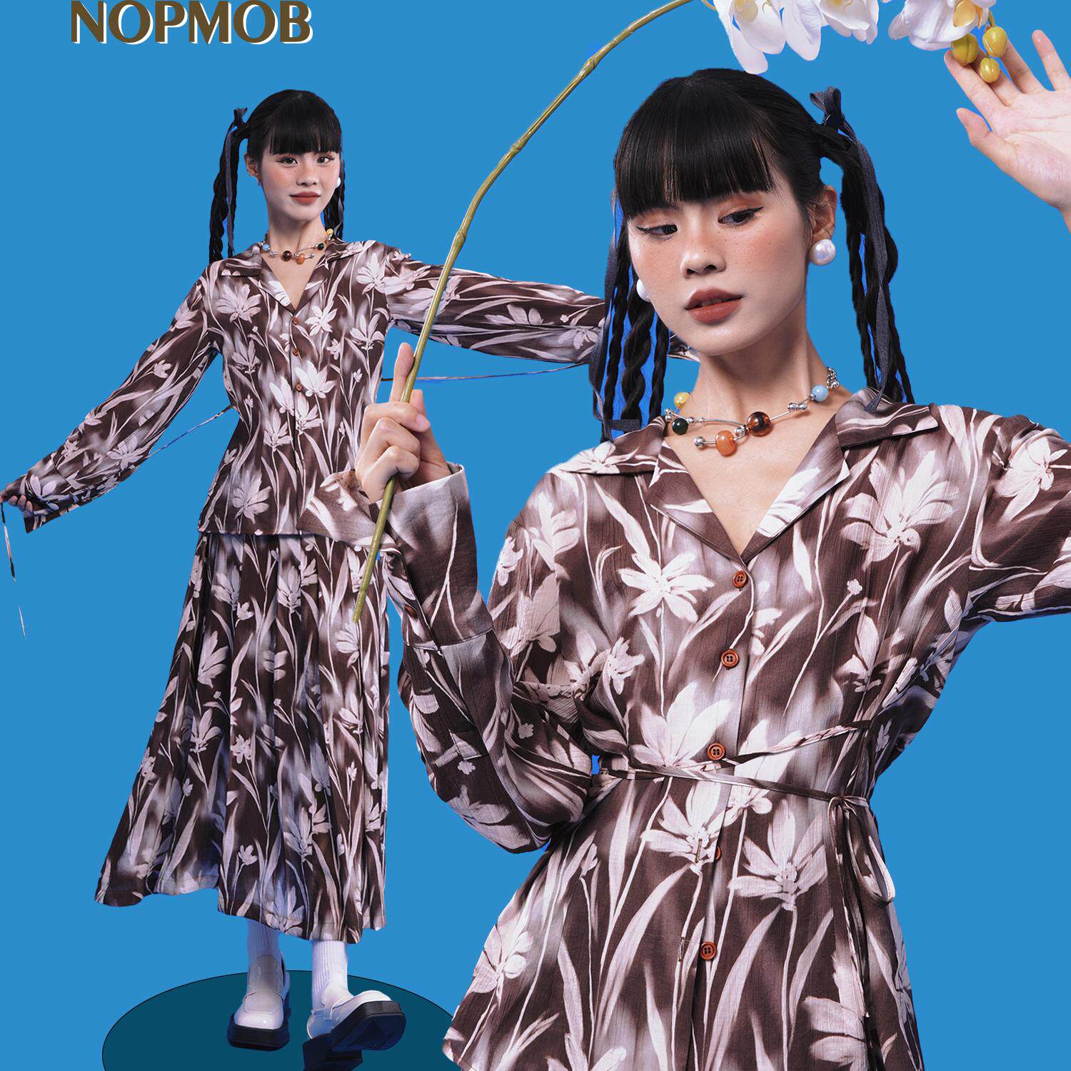 绑带棕色衬衫套装晕染百合NOPMOB