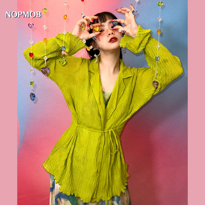 NOPMOB 青苹果绿 冰丝雪纺褶皱气质设计感防晒喇叭长袖衬衫女夏