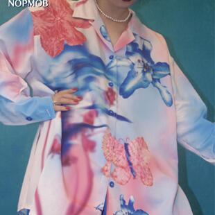蓝色百合花 女新款 原创设计酸性印花宽松大码 上衣衬衫 长袖 NOPMOB