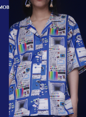 NOPMOB蒸汽波电脑图标克莱因蓝土酷女孩西装领oversize衬衫衣男女