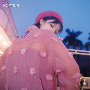 NOPMOB原创复古衬衫 夏立体花朵粉红纯色透明防晒上衣 女透气长袖